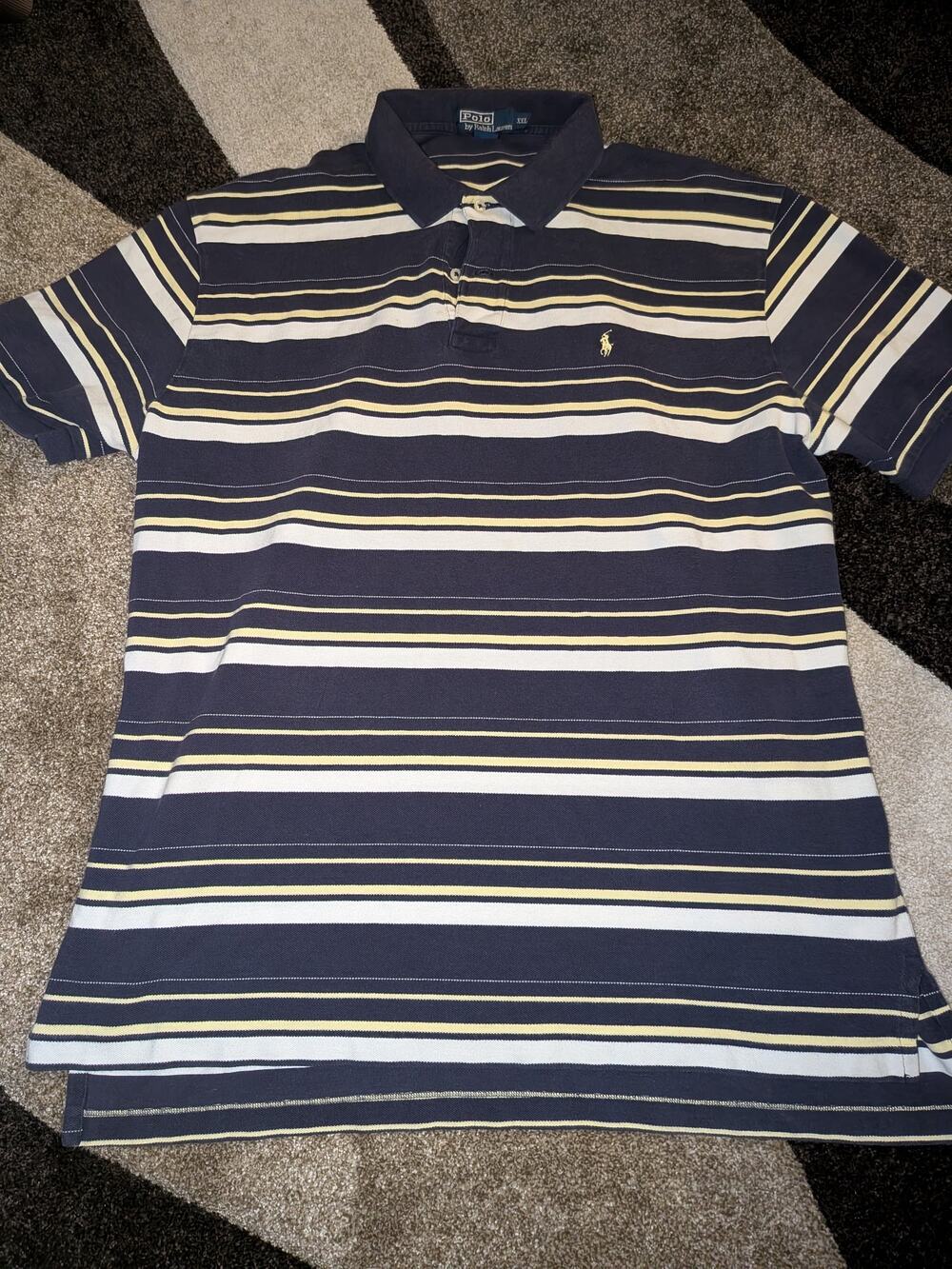 Polo by Ralph Lauren Mens Polo Shirt XXL Navy Yellow White Striped Pony Pique
